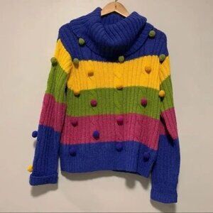 Vintage retro dopamine cable knit pom pom quirky chunky sweater Size Small